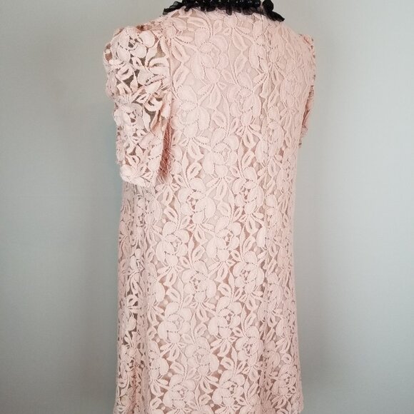 Vintage Style Pink Lace A Line Shift Dress w/ Net Covered Black Beaded Neckline - Picture 6 of 8